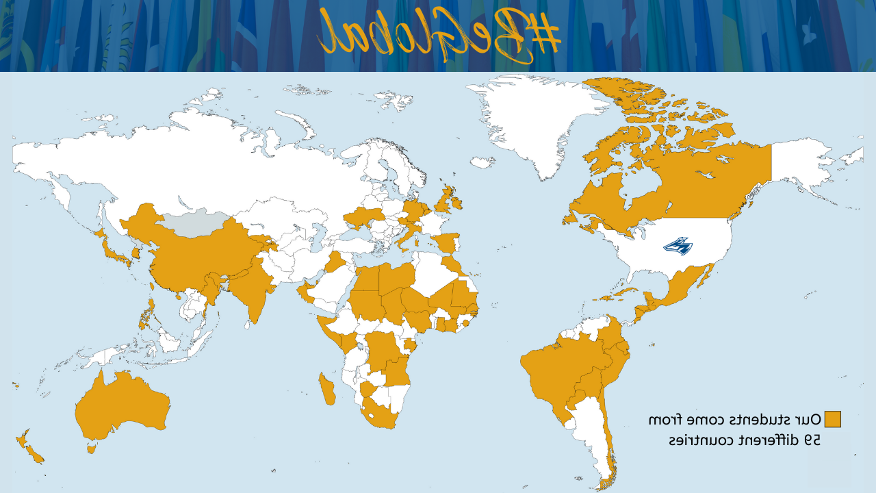 World map showing all 59 countries that 体育菠菜大平台 students come from.  Some of these include World map showing all 59 countries that 体育菠菜大平台 students come from.  Some of these include Spain, El Salvador, Canada, Oman, Guatemala, Korea, Cuba, China, Nepal, Mexico, and Japan